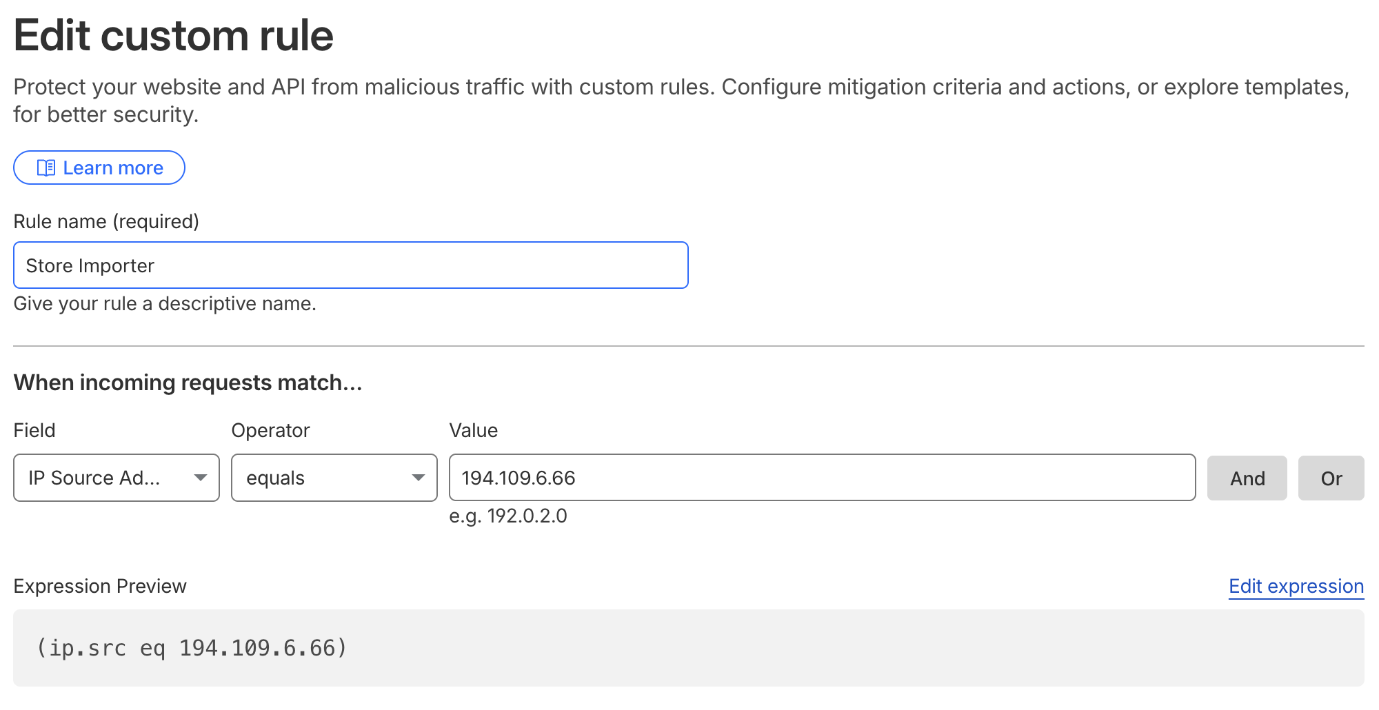 Cloudflare custom rule configured for a Store Importer server IP