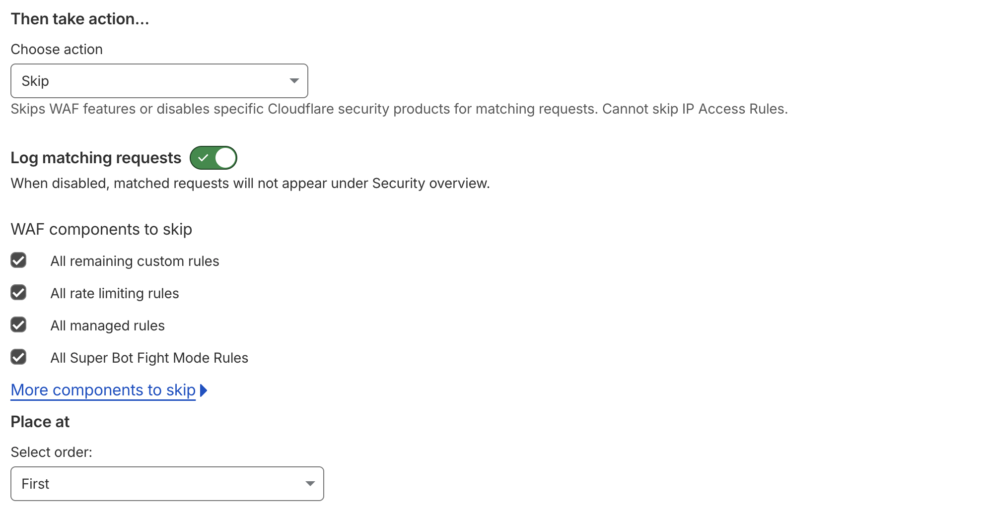 Cloudflare WAF components selected in the Skip action