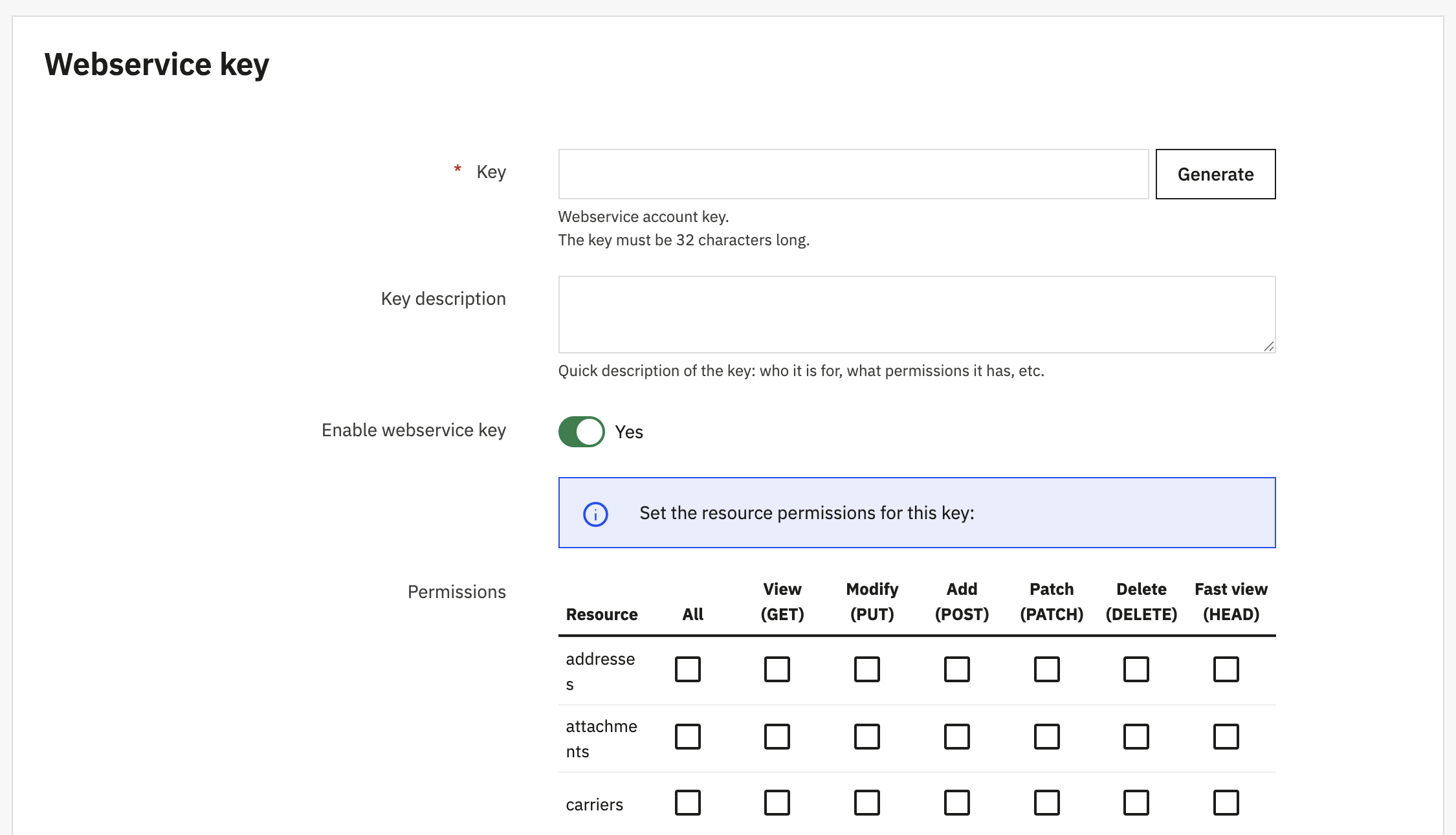 New webservice key form in PrestaShop