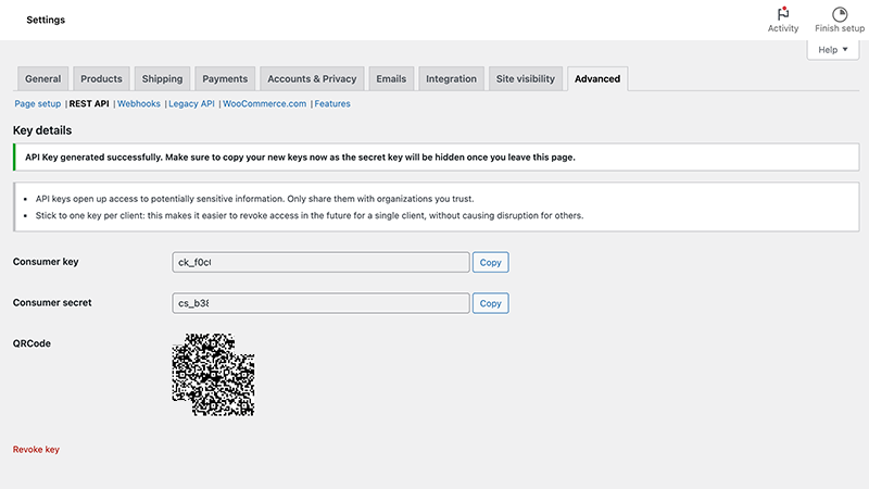 WooCommerce consumer key and consumer secret
