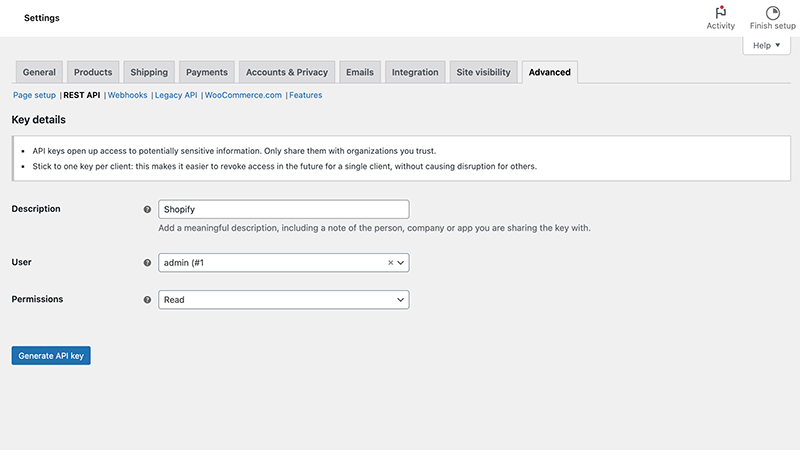 Creating a read-only WooCommerce API key